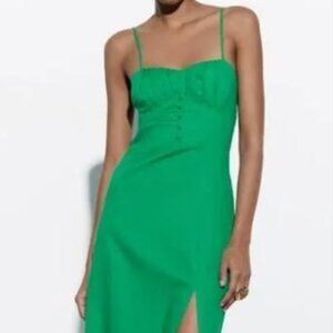 ZARA Green linen-blend corset inspired dress XS